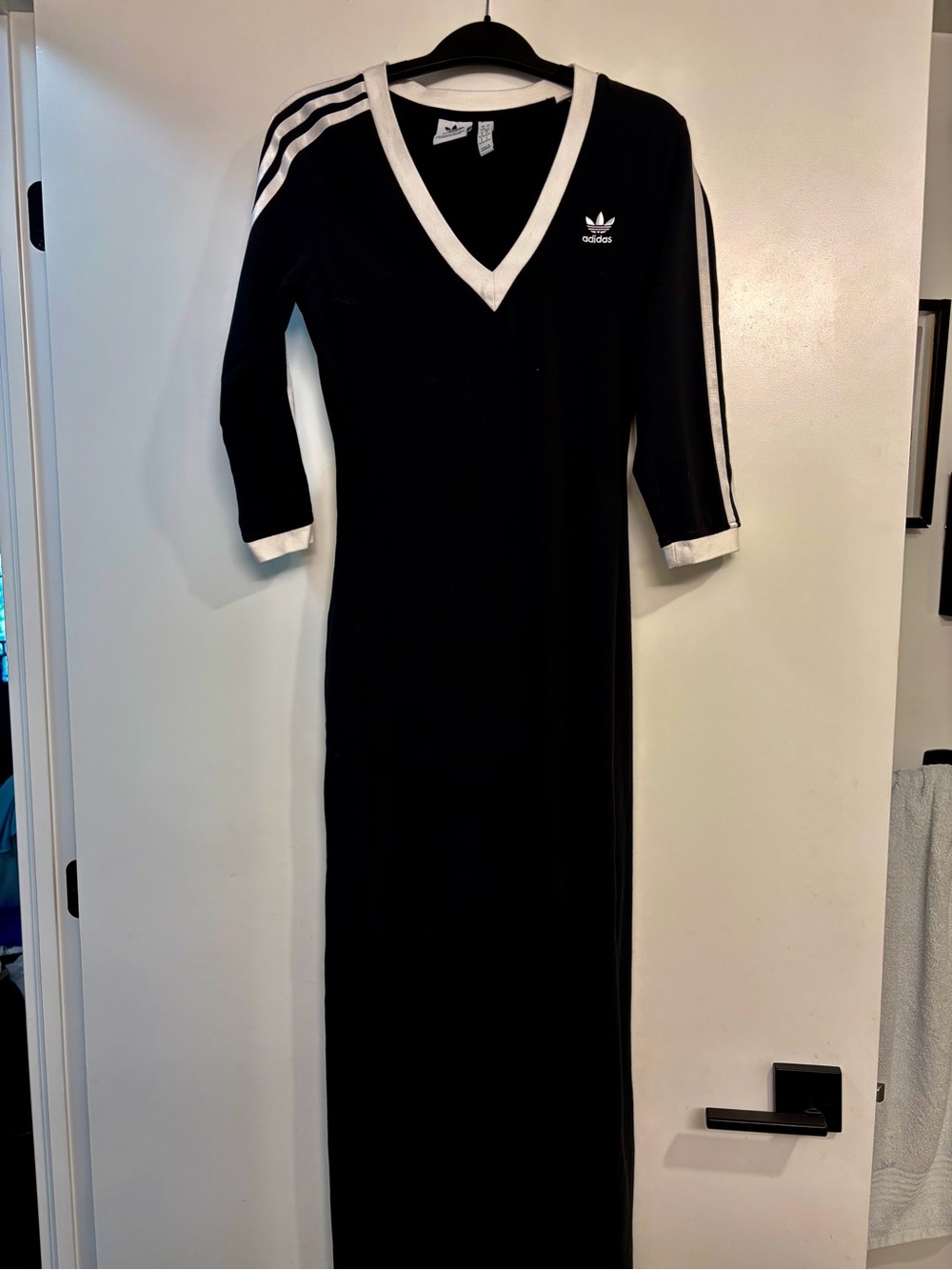 adidas limited edition-Black Maxi Dress with White Trim and Three-Stripe Sleeves